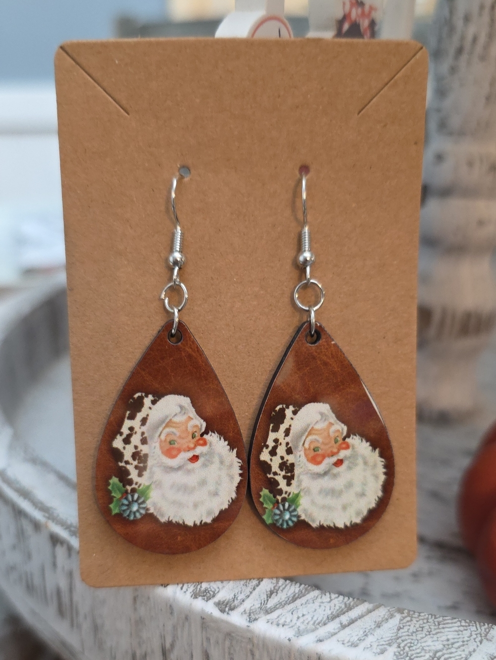 Holiday Santa Teardrop Earrings - Brown and White Christmas Earrings